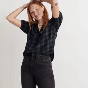 Madewell Lightspun Bubble-Sleeve Top in Plaid (color: Dark Baltic, size XXS)
